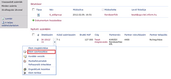 karaDox™ Számlaengedélyező 4 - 7. ábra: számla módosítása - elem szerkesztése
